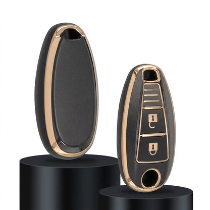 Funda de TPU negro y dorado está diseñada específicamente para proteger llaves inteligentes de 3 botones de vehículos Suzuki, como los modelos Swift, Vitara, Ignis y Baleno.