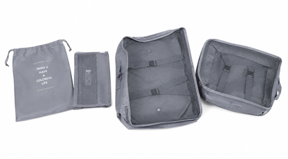 Juego de organizadores de equipaje reutilizables para maleta en color gris.