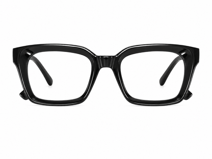 Lentes de Montura Negra Gruesa con Diseño Rectangular.