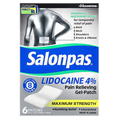 Paquete de parches de gel Salonpas de máxima resistencia para aliviar el dolor.