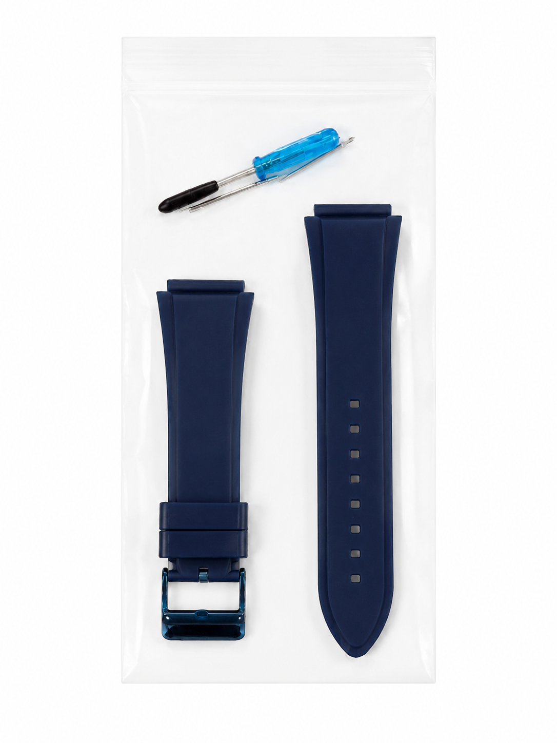Correa de repuesto para reloj color azul con herramienta de instalación.