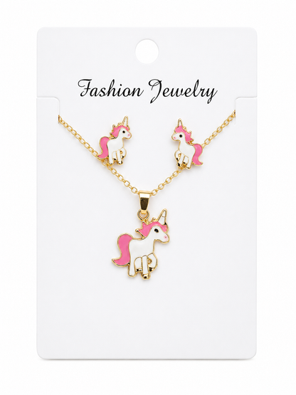 Set de Joyería Infantil con Collar y Aretes de Unicornio Color Rosa.