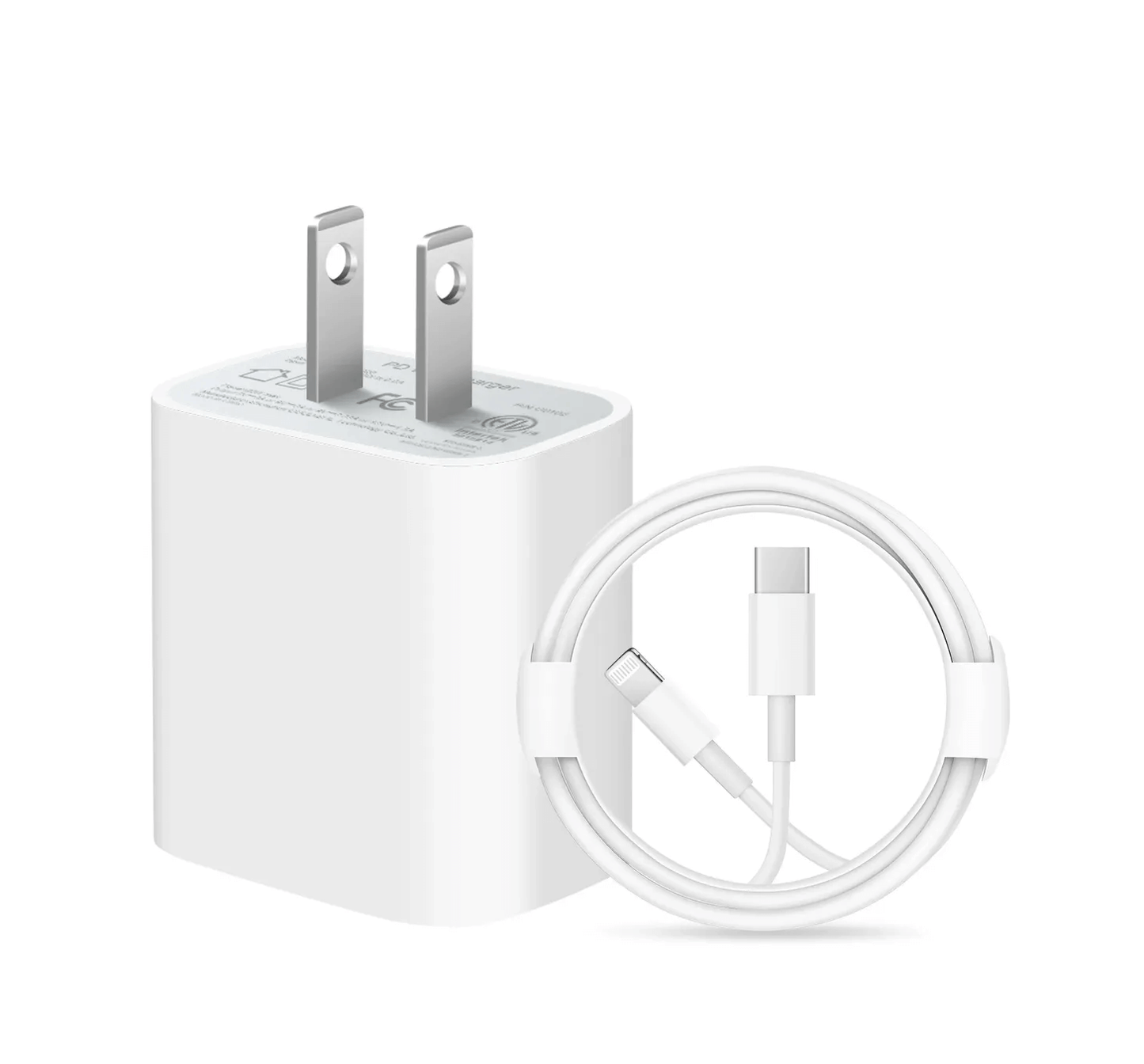 Cargador USB-C de 20W y cable Lightning compatible con modelos de iPhone y iPad.