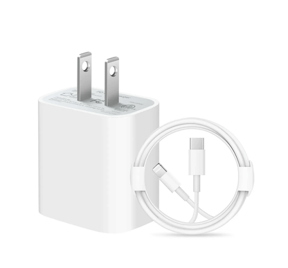 Cargador USB-C de 20W y cable Lightning compatible con modelos de iPhone y iPad.