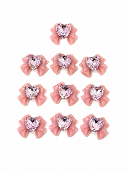 Aplicaciones Decorativas de Lazo Rosa con Corazón de Cristal para Manualidades, Set de 9 Piezas.
