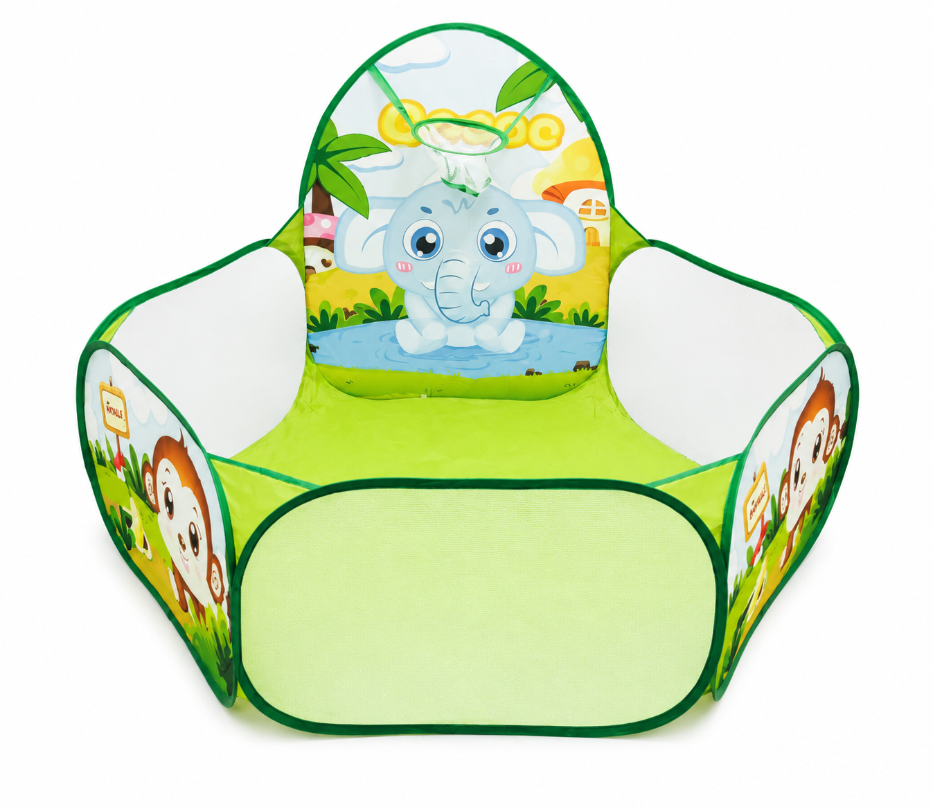 Corral de juego plegable para bebés con aro de baloncesto y diseño de animales verde.