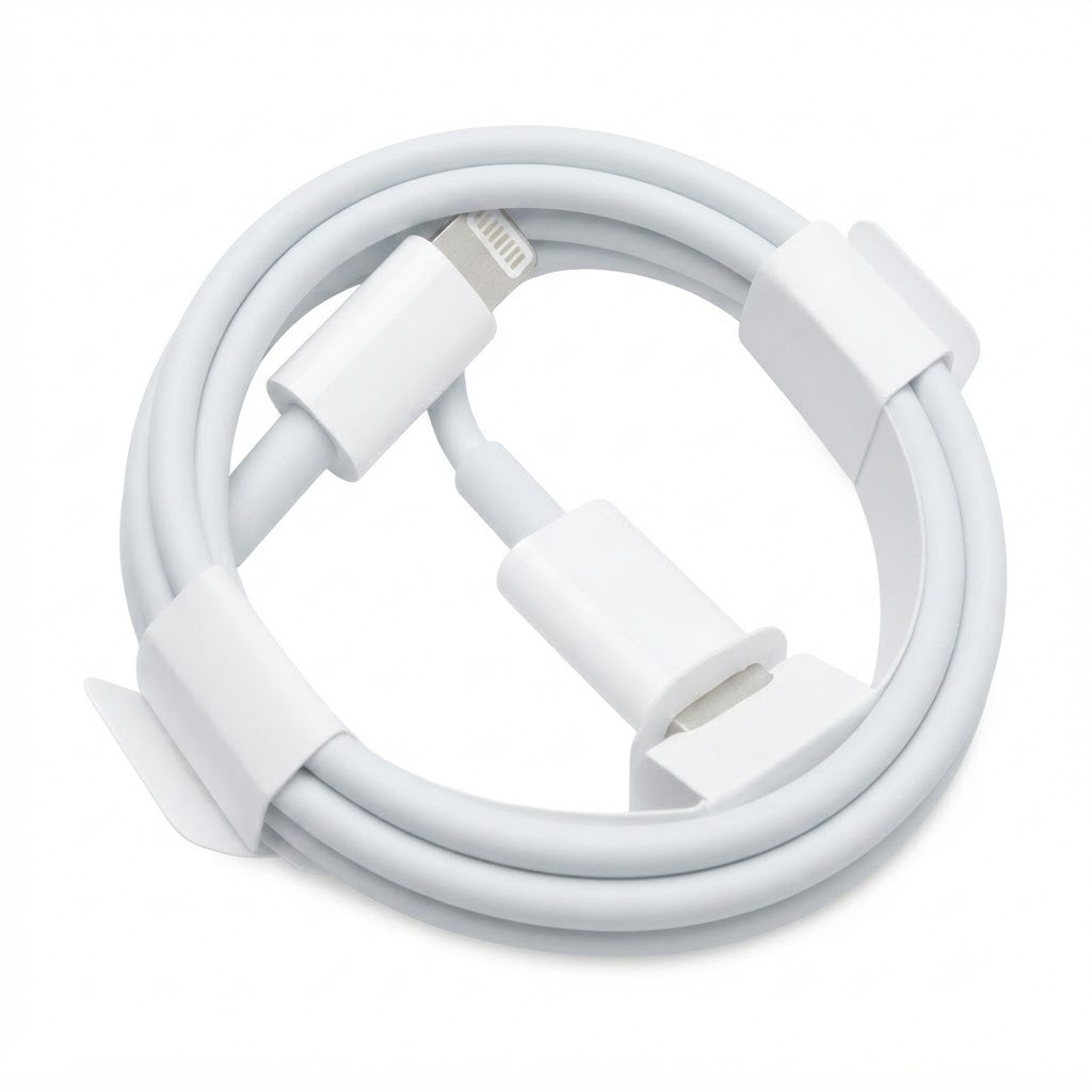 Cable es un Apple USB-C a Lightning blanco de 1 metro utilizado para carga rápida y sincronización de datos.