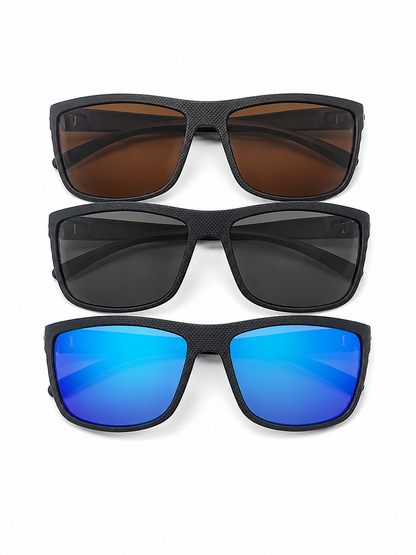 Set de 3 Gafas de Sol Rectangulares con Lentes Marrón, Oscuro y Azul Espejado.