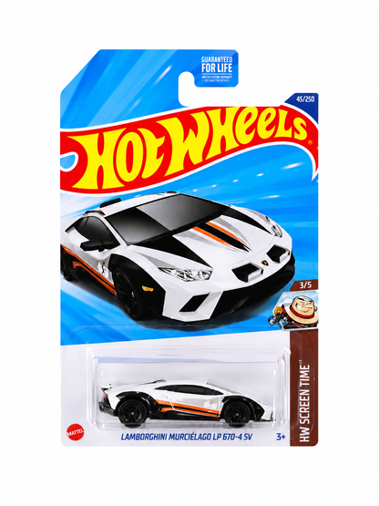 Carro de colección a escala Lamborghini Murciélago LP 670-4 SV en color blanco con detalles negros y naranjas.