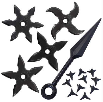 Réplicas de goma de armas ninja como shuriken y kunai, ideales para cosplay y disfraces.