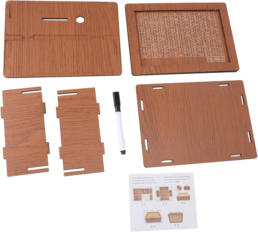 Hucha de madera para el reto de ahorro con contador meta de 10,000.