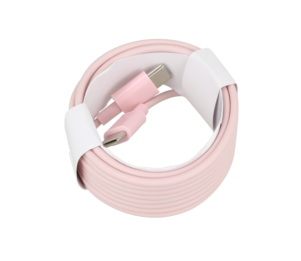 Cable de carga USB-C a USB-C de color rosa.