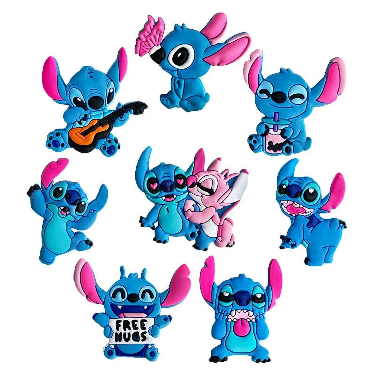 Set de 8 pinos decorativos para zuecos con personajes animados en color azul y rosa.