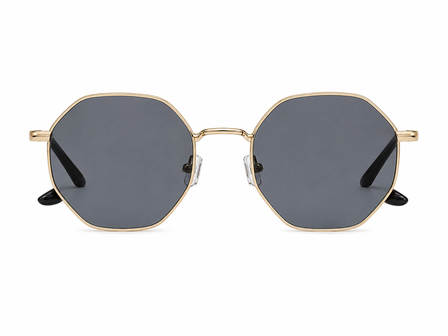 Gafas de sol con montura metálica octagonal y lentes oscuros.