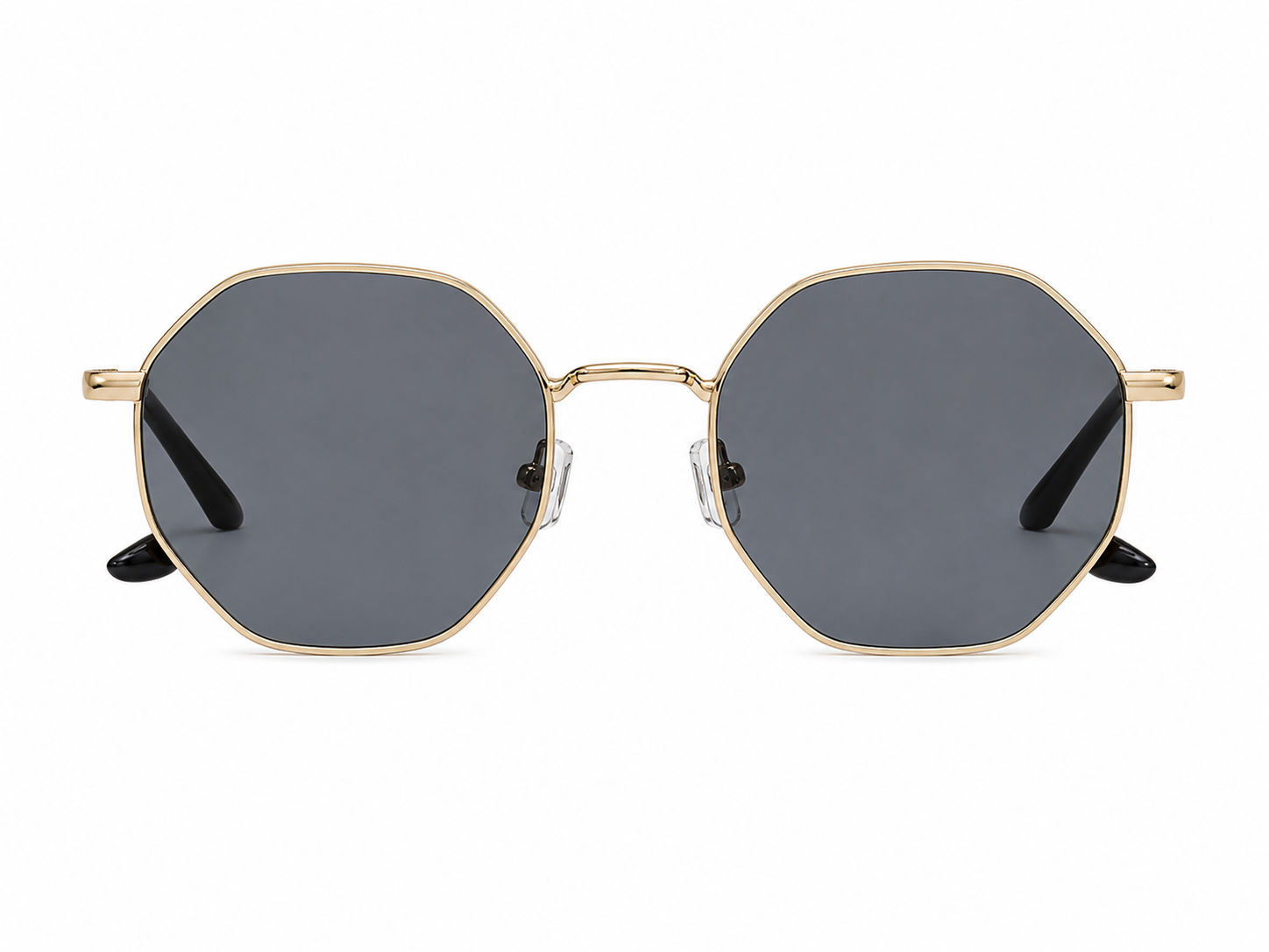 Gafas de sol con montura metálica octagonal y lentes oscuros.