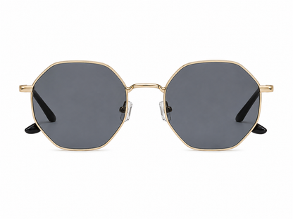 Gafas de sol con montura metálica octagonal y lentes oscuros.