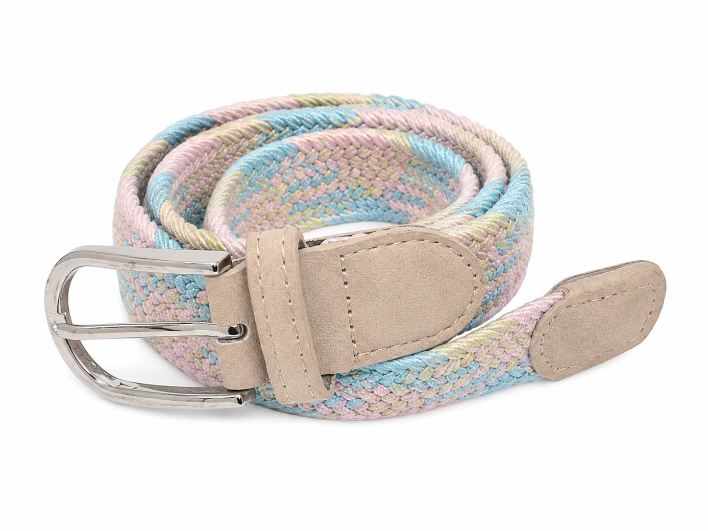 Cinturón Trenzado Multicolor Ajustable con Hebilla Plateada.