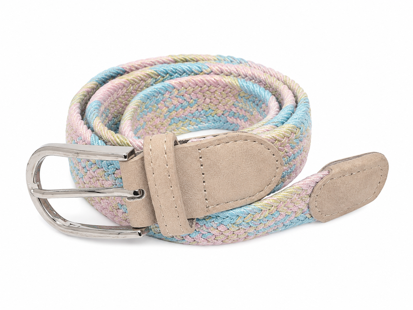 Cinturón Trenzado Multicolor Ajustable con Hebilla Plateada.