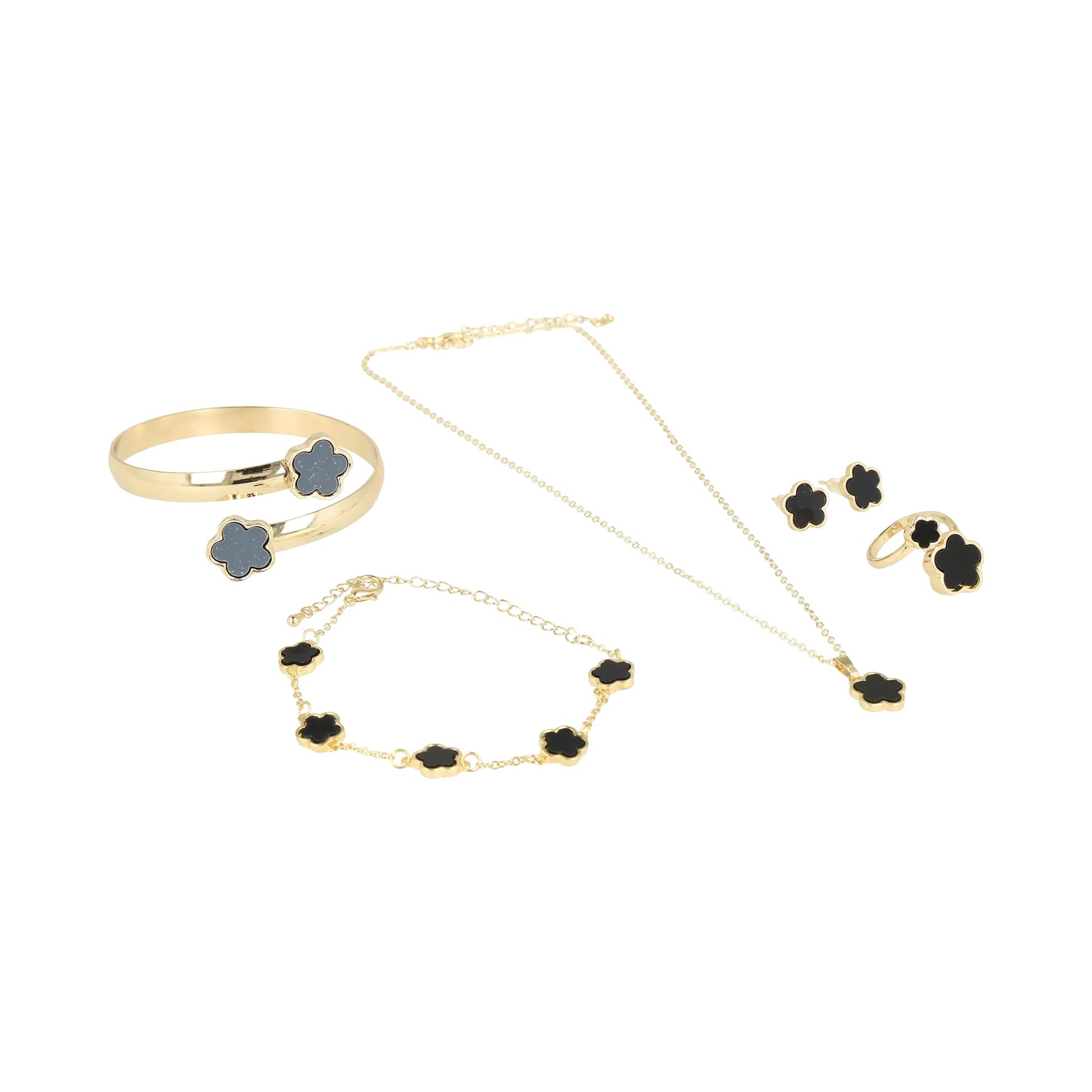 Juego de 5 piezas de joyería de trébol de cinco hojas para mujer, collar, pulsera, brazalete, aretes, anillo conjunto de joyería de moda