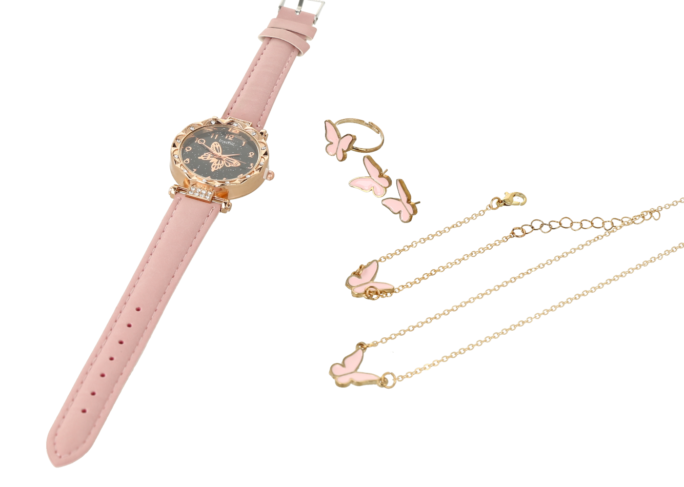 Conjunto reloj y joyería con correa rosa y diseño de mariposas.