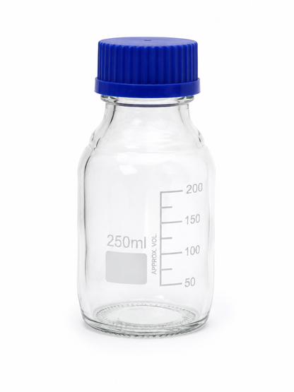 Botella de Vidrio Graduada para Laboratorio 250 ml con Tapa Rosca Azul.