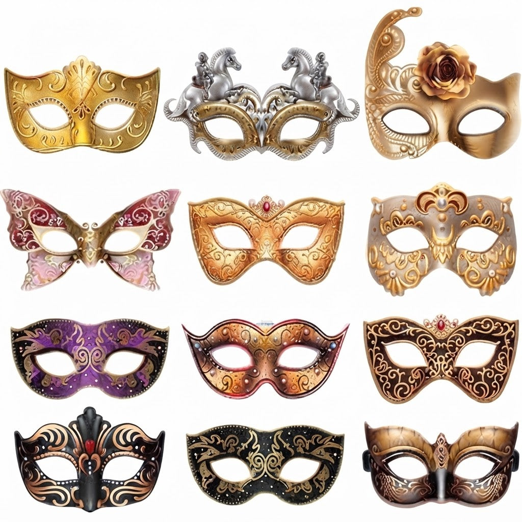 Conjunto de 12 antifaces de cartulina con diseños estilo veneciano y retro, ideales para fiestas de máscaras o carnaval.