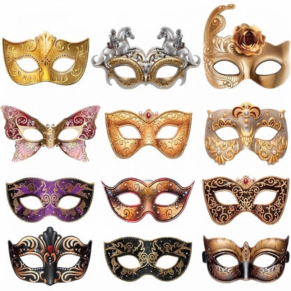 Conjunto de 12 antifaces de cartulina con diseños estilo veneciano y retro, ideales para fiestas de máscaras o carnaval.