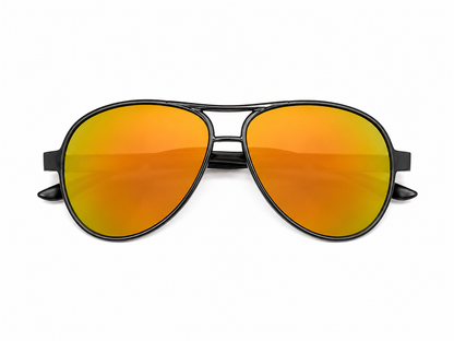 Gafas de sol tipo aviador con montura negra y lentes espejo dorados.