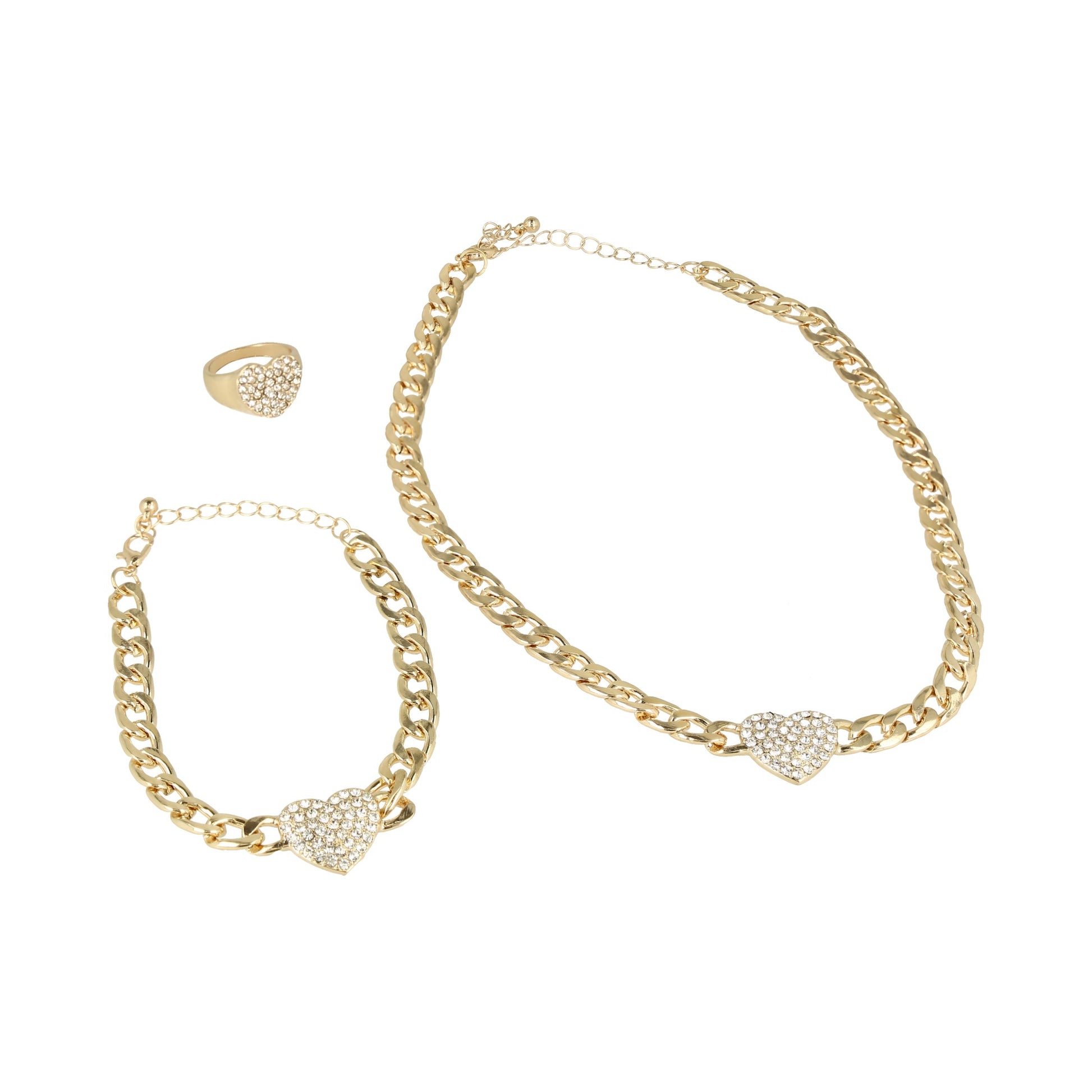 3 piezas accesorios dorados, brazalete, coyar y anillo.
