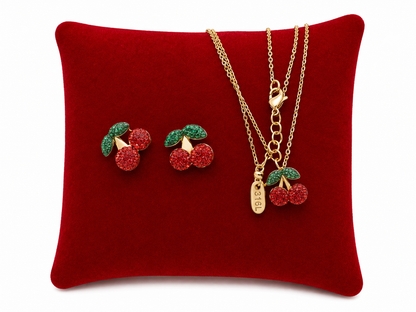 Set de Collar y Aretes con Diseño de Cereza en Color Dorado, 3 Piezas.