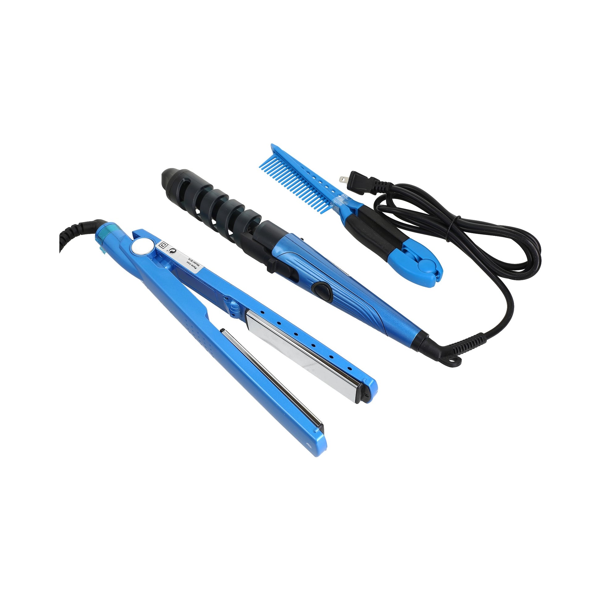 Kit de Peinado Profesional 3 en 1: Plancha, Rizador y Peine para Pelo, Azul