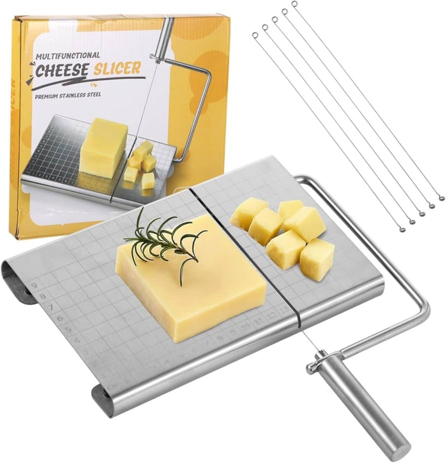 Cortador Multifuncional para Queso con Base de Medición y Alambres de Repuesto.