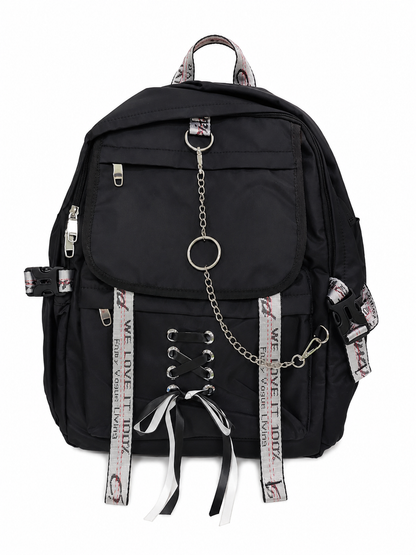 Mochila Negra Multifuncional con Cadenas Decorativas y Múltiples Compartimentos.
