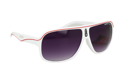 Gafas de sol deportivas con montura blanca y detalles en rojo.