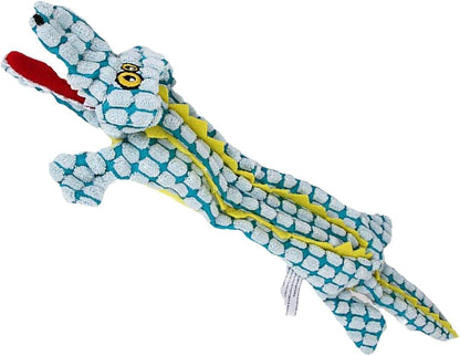 Juguete de peluche para perros tiene forma de cocodrilo y cuenta con un dispositivo de sonido interno.