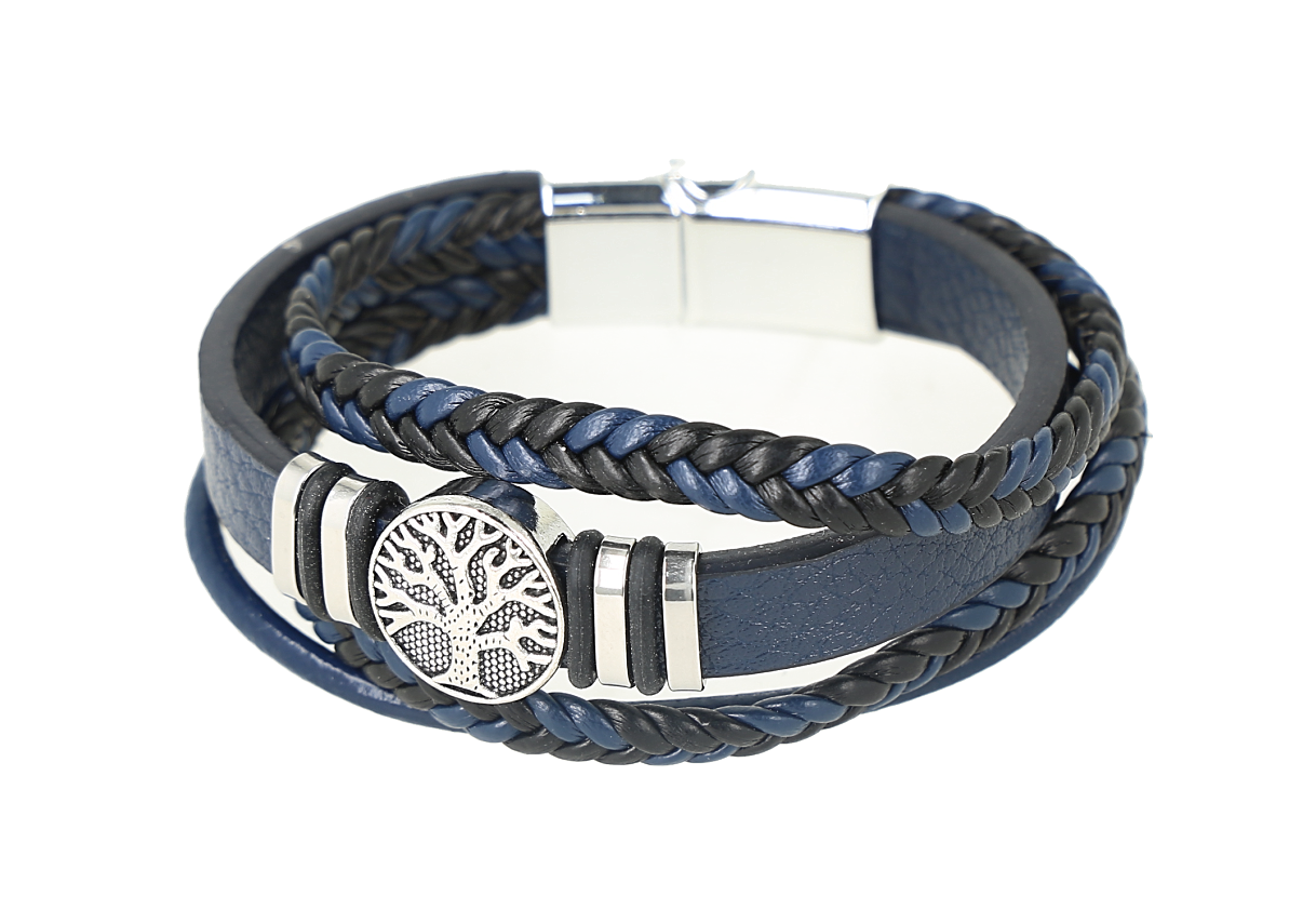 Pulsera multicapa para hombre de cuero trenzado azul y negro con un amuleto del Árbol de la Vida