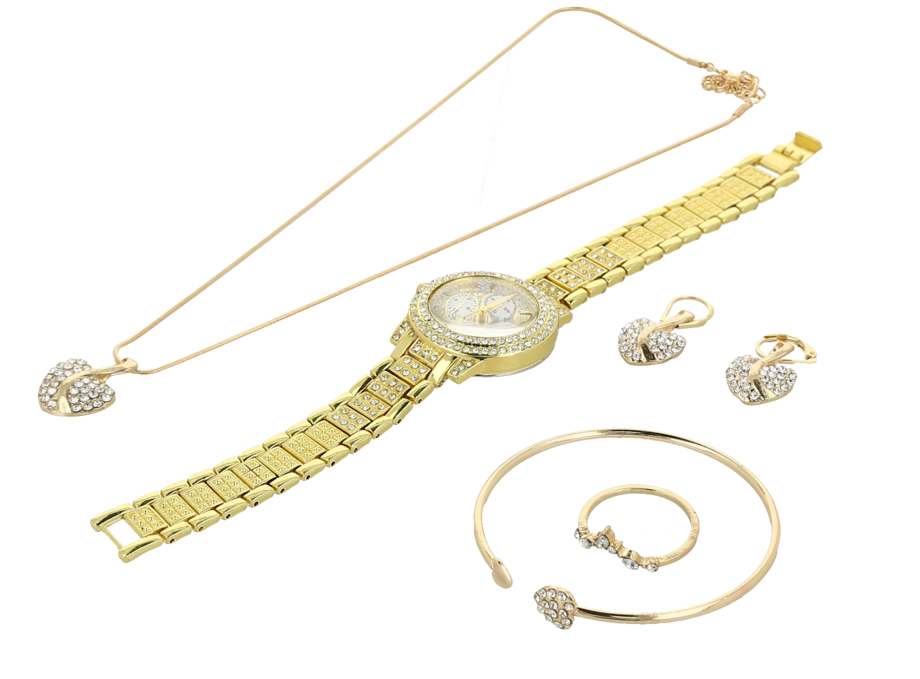 Conjunto de joyería y reloj color dorado para mujer de estilo lujoso.