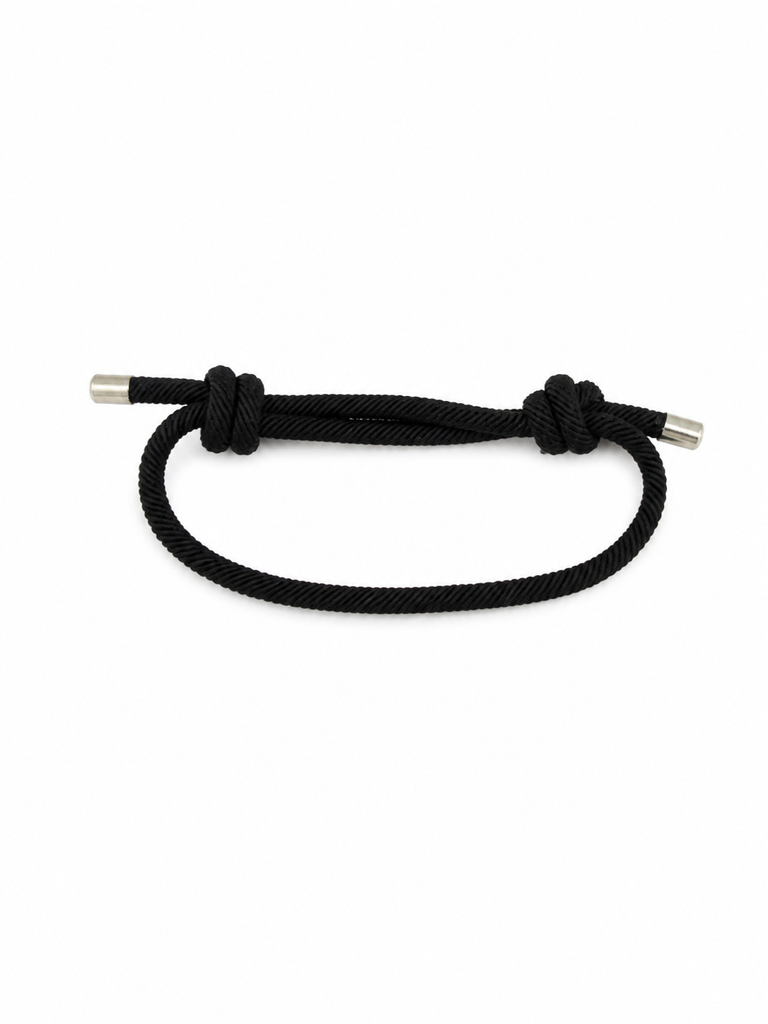 Pulsera Ajustable de Cuerda Negra con Nudos Decorativos y Terminales Metálicos.