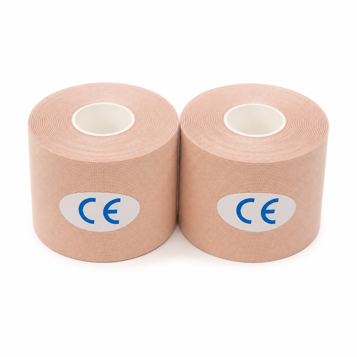 Set de dos rollos de cinta adhesiva deportiva beige para vendaje y soporte corporal.