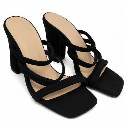 Sandalias negras de tacón ancho con tiras cruzadas talla 35.