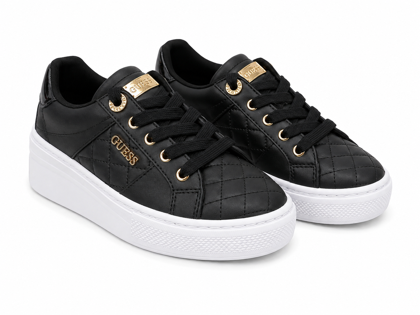 Tenis Negros con Diseño Acolchado, Detalles Dorados y Suela Plataforma Blanca, Talla 5.5.