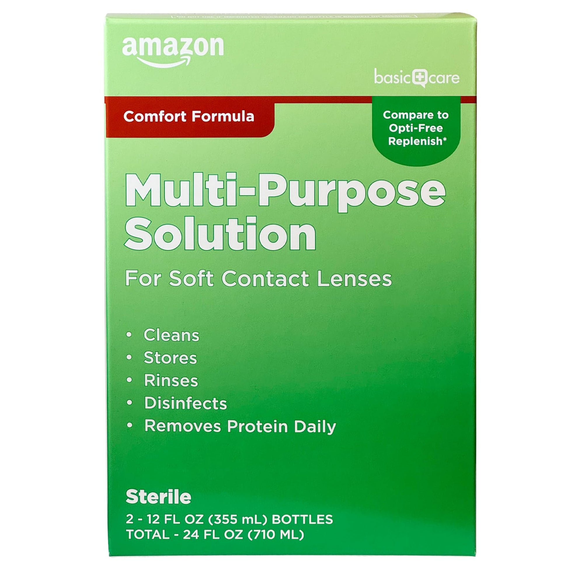 Paquete de dos botellas de solución multiusos para lentes de contacto blandas, cada una de 12 onzas líquidas.
