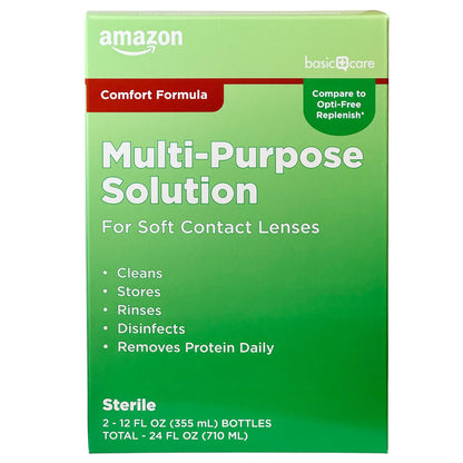 Paquete de dos botellas de solución multiusos para lentes de contacto blandas, cada una de 12 onzas líquidas.