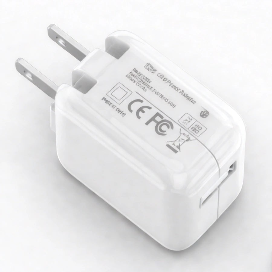 Adaptador de corriente USB de pared, diseñado para cargar teléfonos móviles o tabletas.
