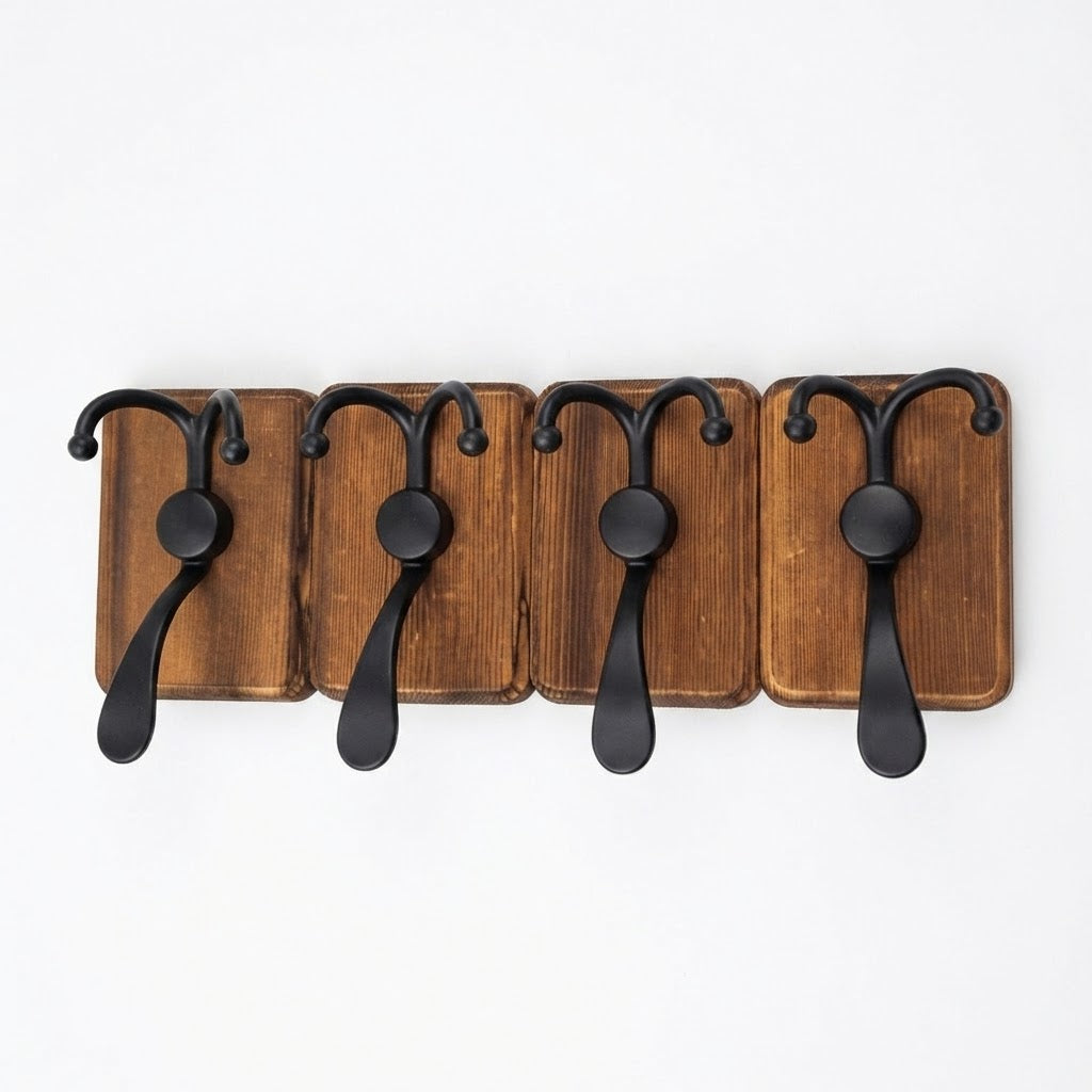 Pack de 4 perchero rústico de pared con ganchos triples.
