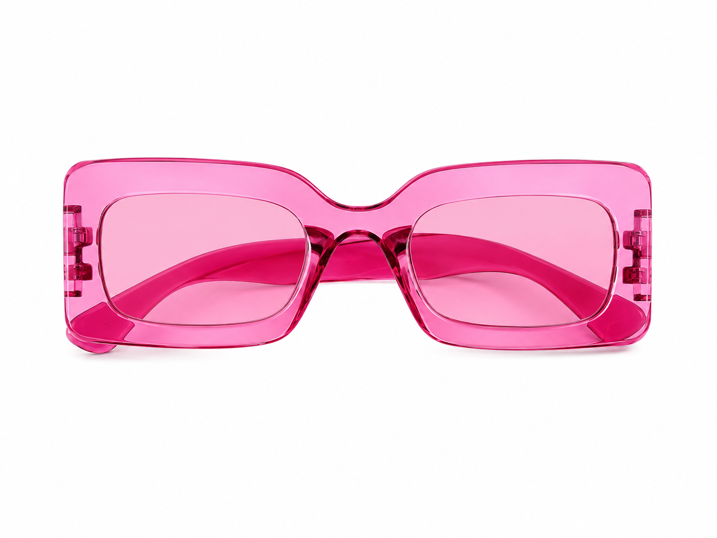 Gafas de sol rectangulares con montura transparente rosa y lentes tintados para mujer.