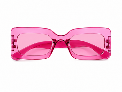 Gafas de sol rectangulares con montura transparente rosa y lentes tintados para mujer.