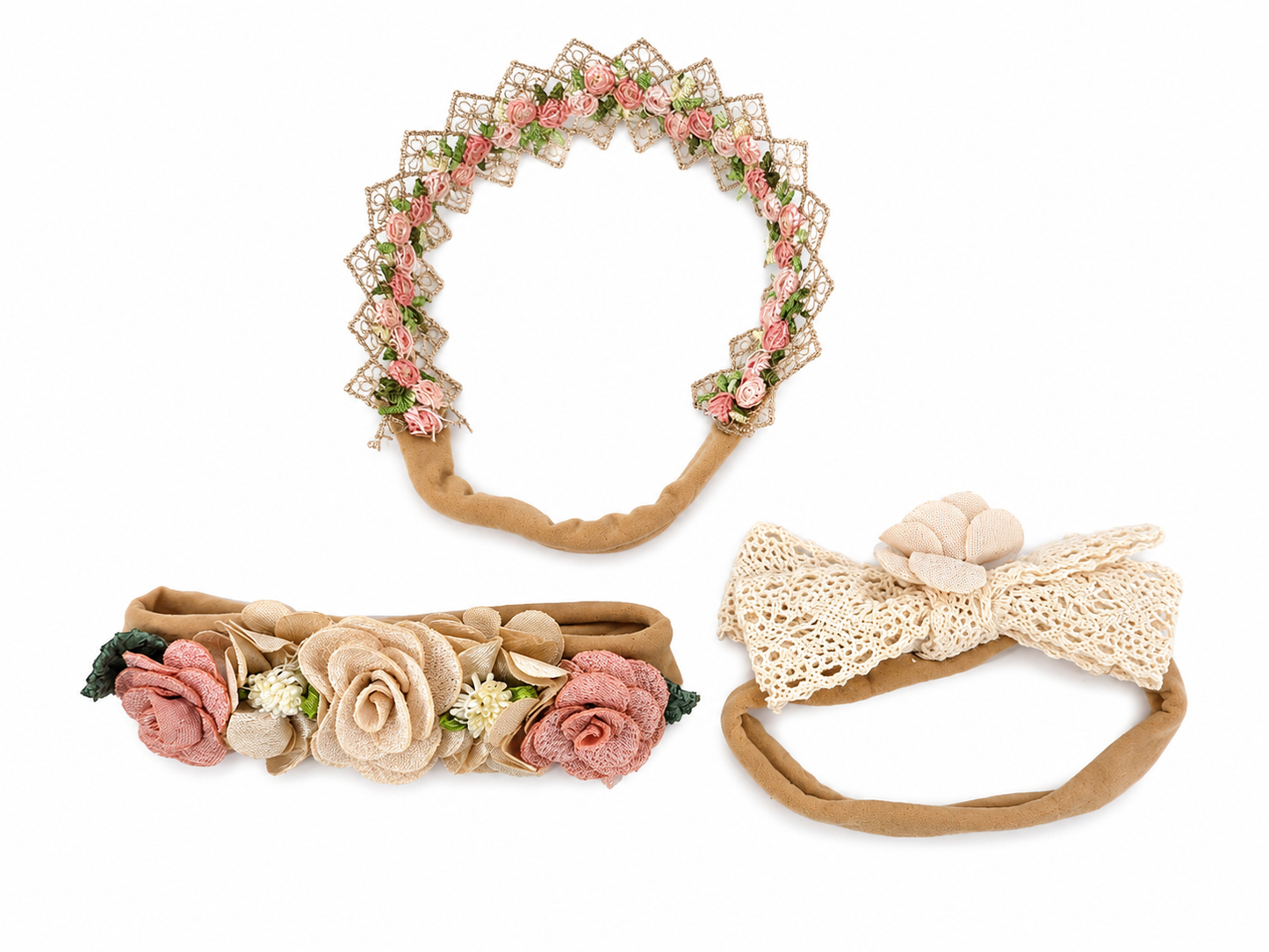 Set de Bandas para Bebé con Flores y Lazo de Encaje en Tonos Beige y Rosa.
