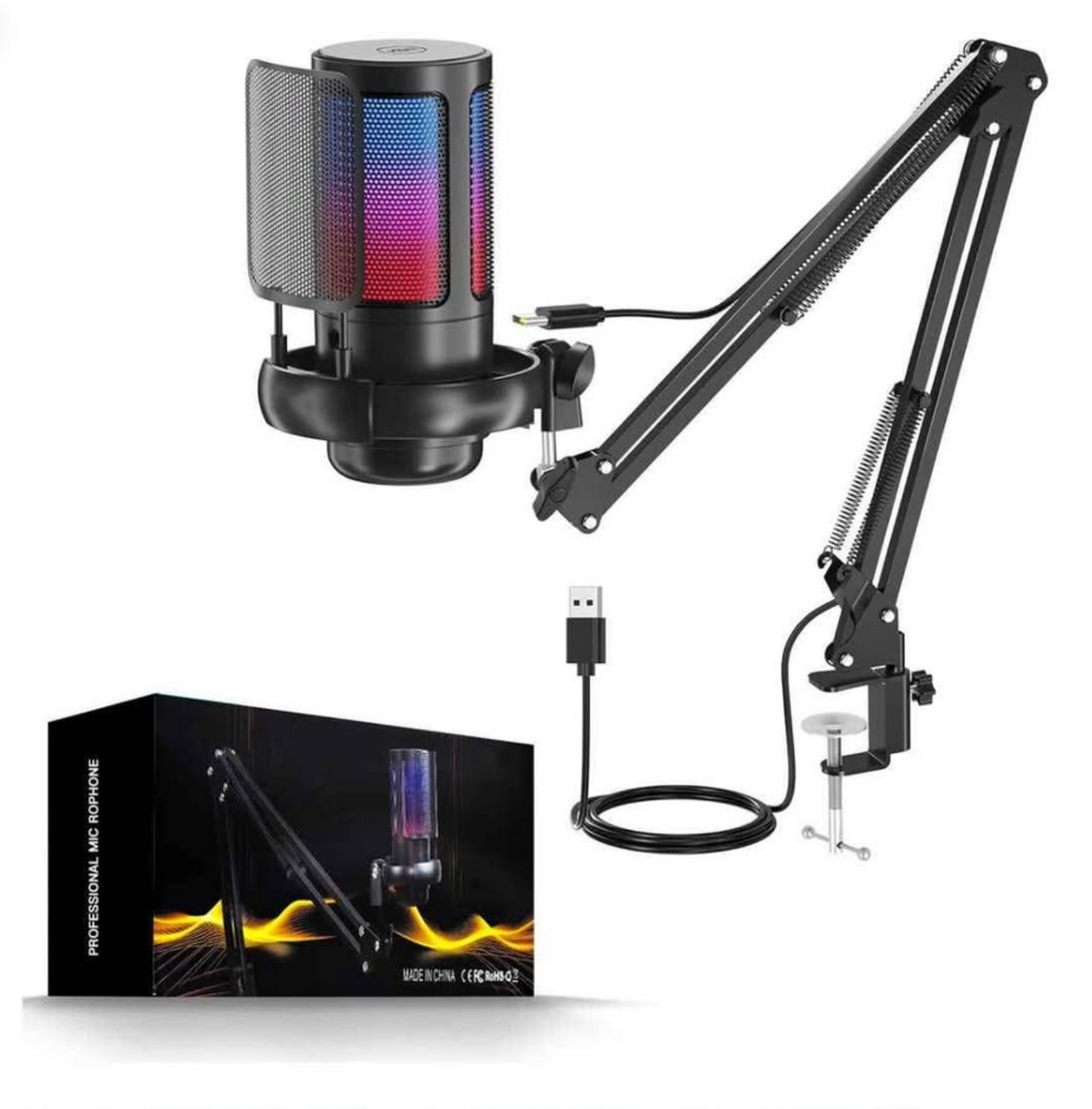 Kit de micrófono USB, diseñado con iluminación RGB y brazo articulado.