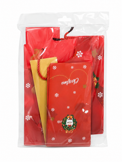 Paquete de bolsas navideñas rojas y doradas.